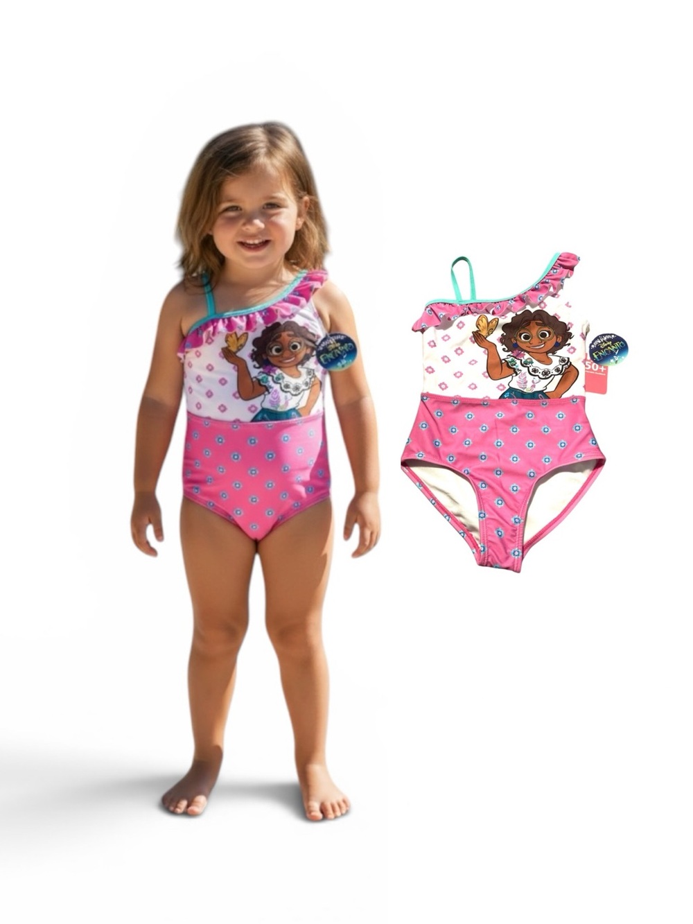 Disney Encanto Pink & White One-Shoulder Kids Swimsuit with Character Print